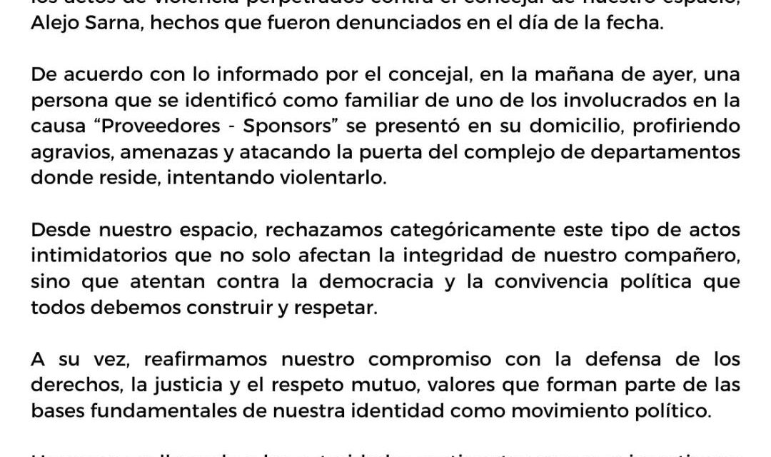 El  P.J emitió un comunicado por agresiones al concejal Sarna