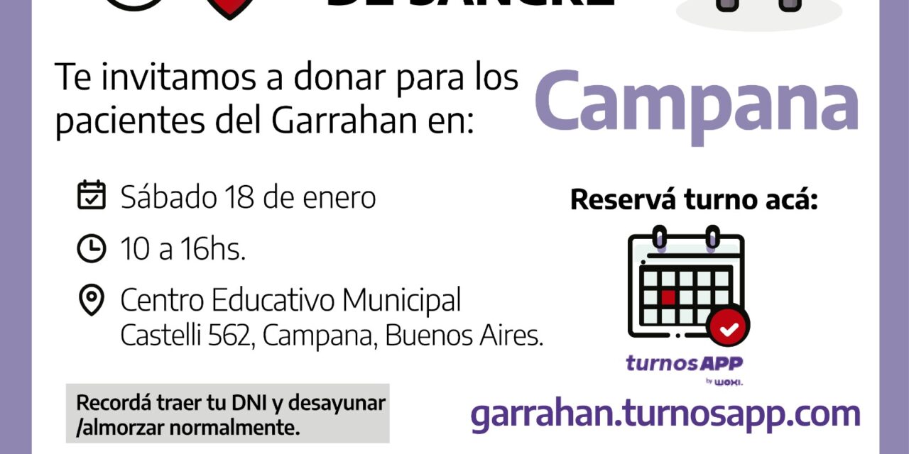 Invitan a participar de una nueva jornada de donación de sangre para el hospital Garrahan