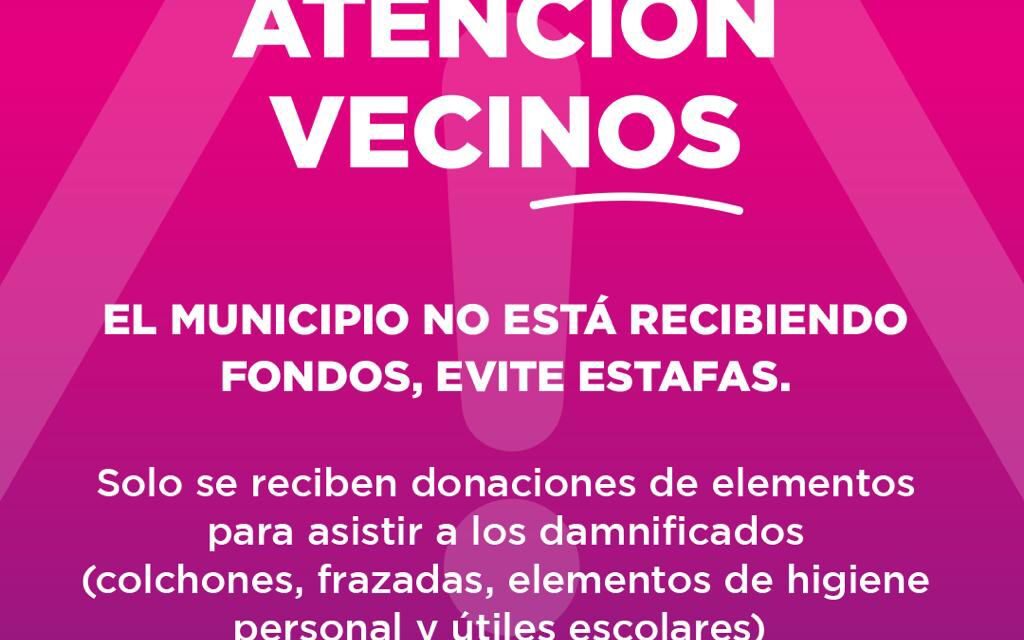El Municipio informa que no solicita donaciones en efectivo